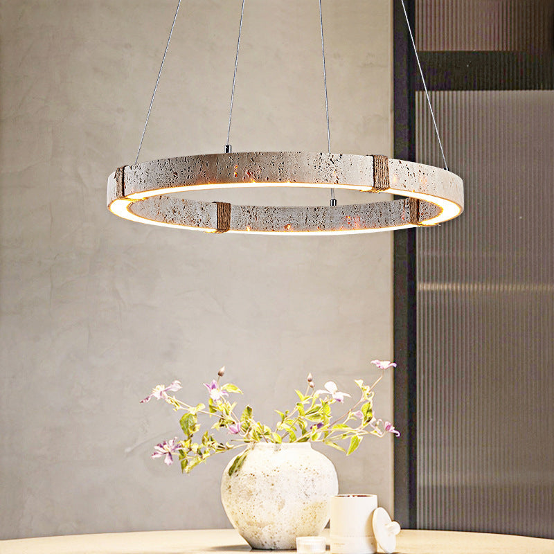 Traditional Vintage Circle Ring Travertine Hemp Rope LED Pendant Light For Living Room