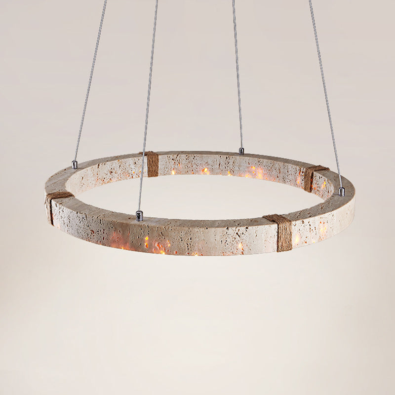Traditional Vintage Circle Ring Travertine Hemp Rope LED Pendant Light For Living Room