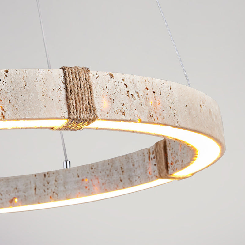 Traditional Vintage Circle Ring Travertine Hemp Rope LED Pendant Light For Living Room