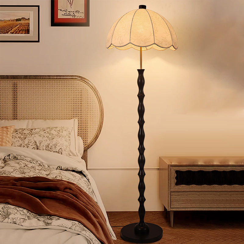 Contemporary Retro Fabric Round Shade Iron Wood 1-Light Standing Floor Lamp For Living Room