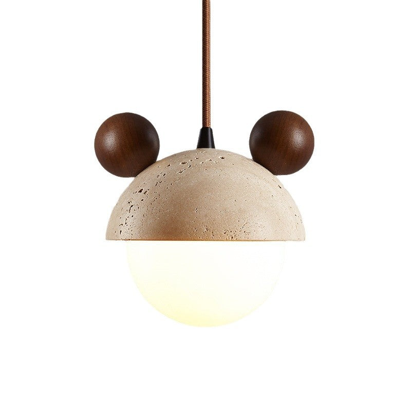 Traditional Japanese Geometric Sphere Travertine Glass Shade 1-Light Pendant Light For Living Room