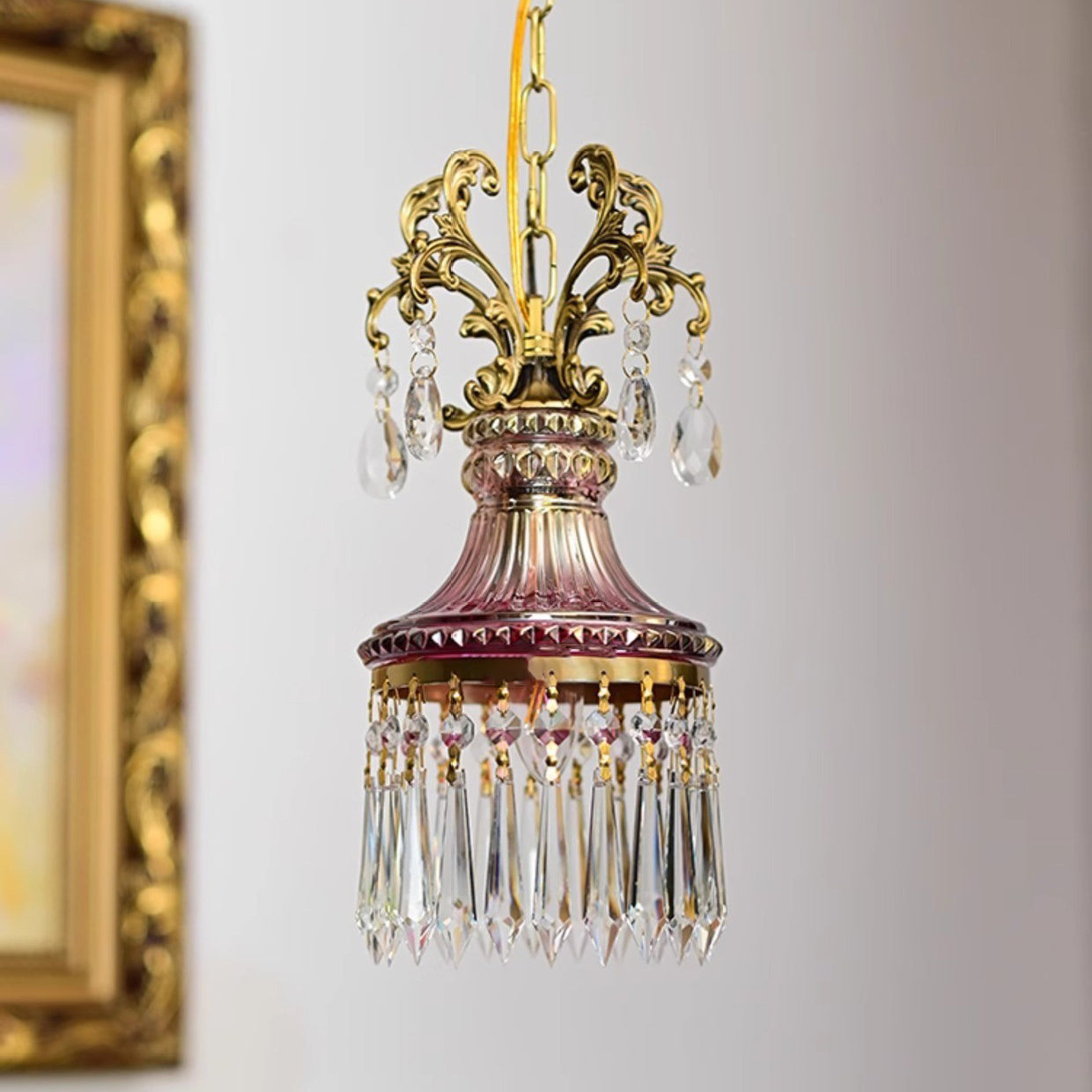 Traditional French Antique Brass Crystal Tassel Round 1-Light Pendant Light For Living Room