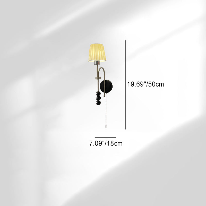 Traditional French Pleated Fabric Shade Iron Wood 1-Light Wall Sconce Lamp For Dining Room