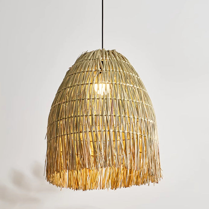 Traditional French Straw Weaving Round Shade 1-Light Pendant Light For Living Room