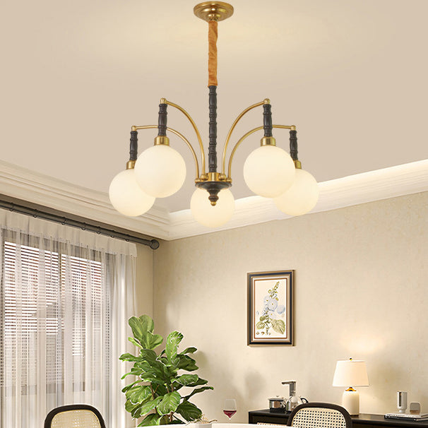 Modern Mid-Century Iron Ash Wood Frame Glass Ball Shade 3/5-Light Chandelier For Living Room