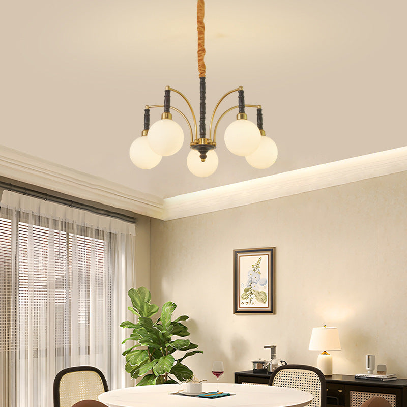 Modern Mid-Century Iron Ash Wood Frame Glass Ball Shade 3/5-Light Chandelier For Living Room