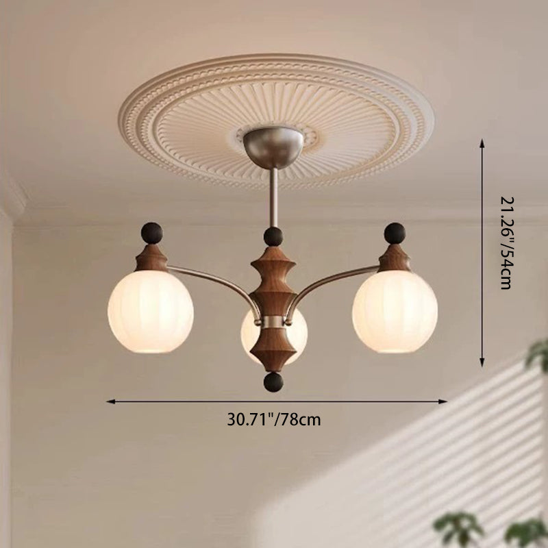 Traditional French Ash Wood Glass Round Shade 3/5-Light Chandelier For Living Room