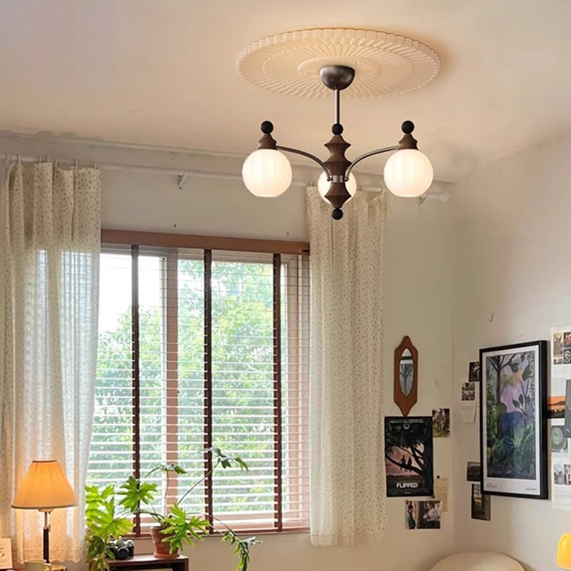 Traditional French Ash Wood Glass Round Shade 3/5-Light Chandelier For Living Room