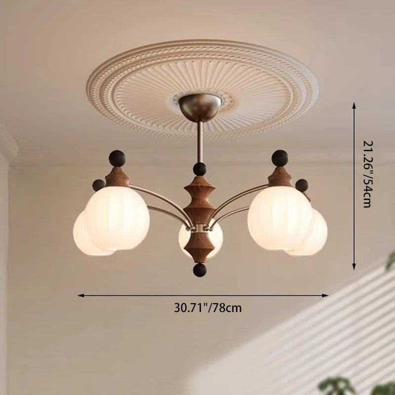 Traditional French Ash Wood Glass Round Shade 3/5-Light Chandelier For Living Room