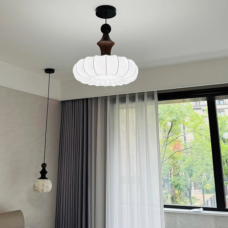 Traditional Japanese Imitation Silk Round Shade Solid Wood 3-Light Chandelier For Living Room