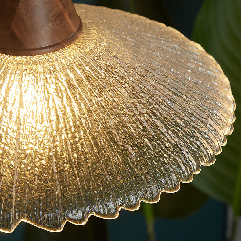Traditional Vintage Water Ripple Tapered Glass Solid Wood 1-Light Pendant Light For Living Room