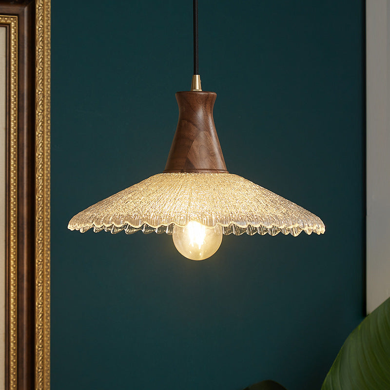 Traditional Vintage Water Ripple Tapered Glass Solid Wood 1-Light Pendant Light For Living Room