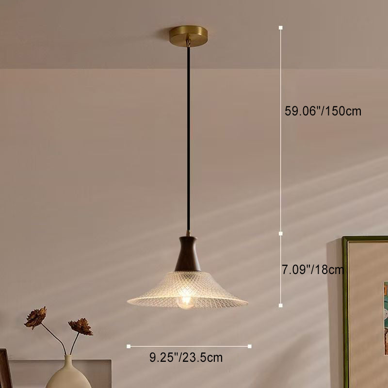 Contemporary Retro Solid Wood Conical Glass Shade 1-Light Pendant Light For Dining Room