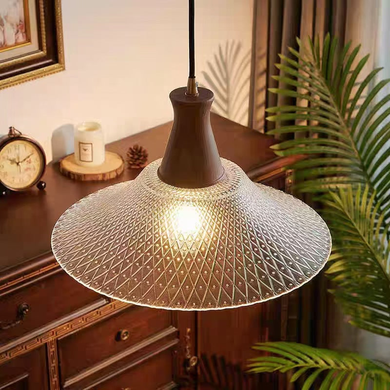 Contemporary Retro Solid Wood Conical Glass Shade 1-Light Pendant Light For Dining Room