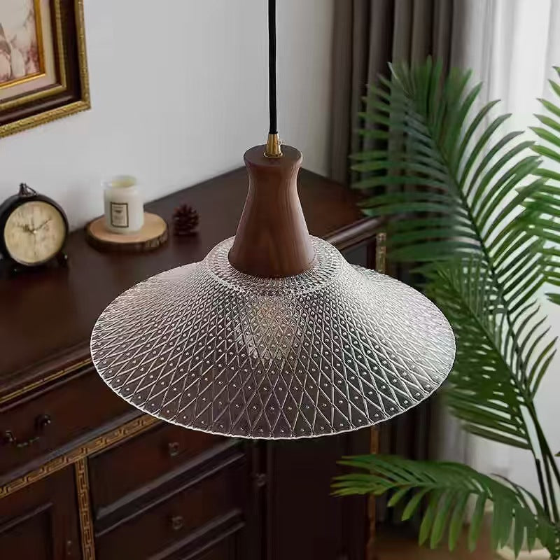 Contemporary Retro Solid Wood Conical Glass Shade 1-Light Pendant Light For Dining Room