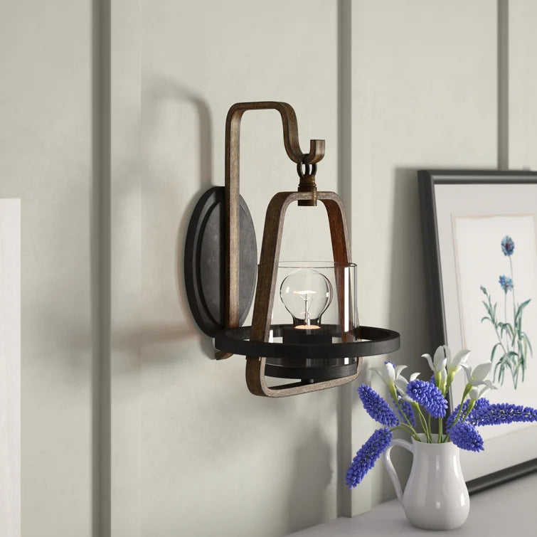 Traditional Farmhouse Trapezoidal Iron Frame Glass 1-Light Wall Sconce Lamp For Dining Room