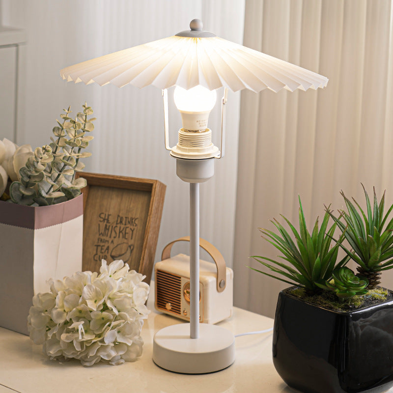 Contemporary Nordic Pleated Fabric Conical Hardware 1-Light Table Lamp For Bedside