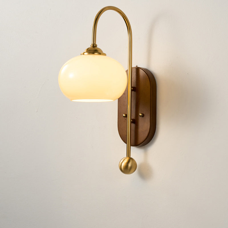 Traditional French Glass Round Shade Metal Wood 1-Light Wall Sconce Lamp For Dining Room