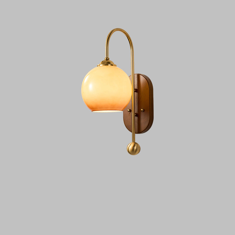 Traditional French Glass Round Shade Metal Wood 1-Light Wall Sconce Lamp For Dining Room