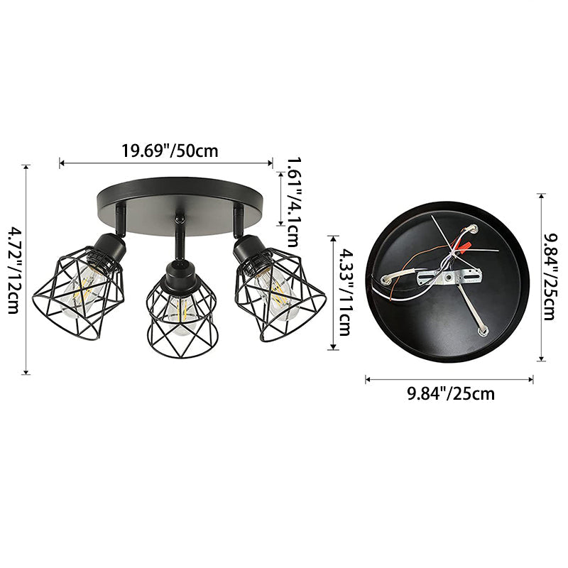 Contemporary Industrial Iron Frame 360° Rotation 3-Light Semi-Flush Mount Ceiling Light For Living Room