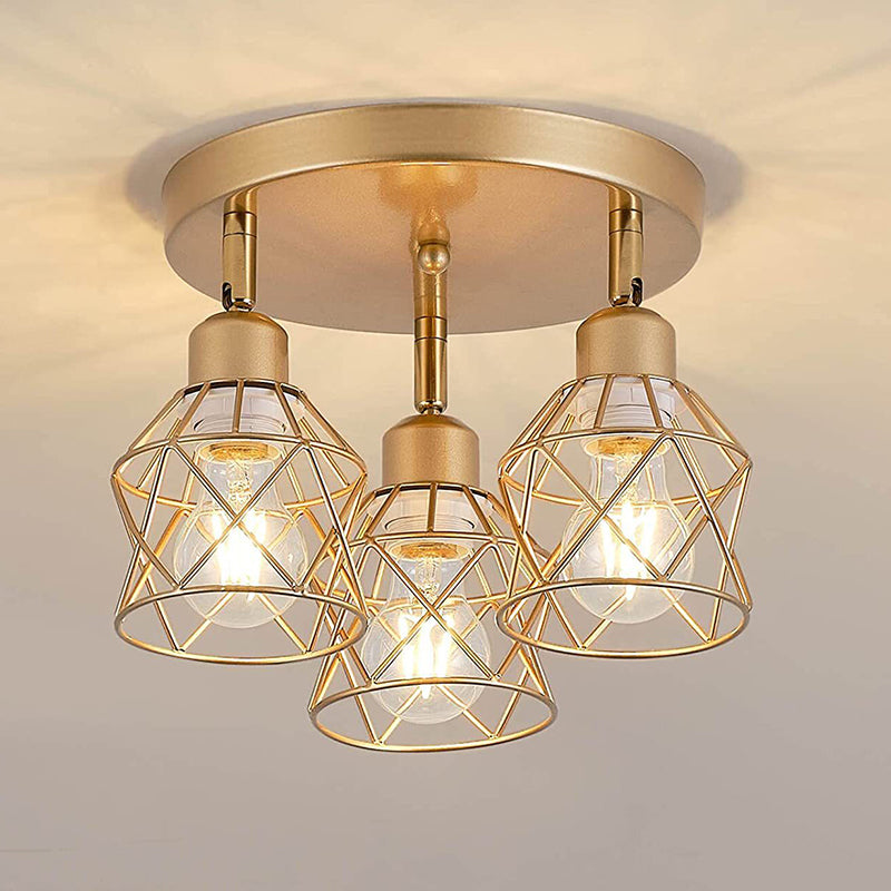Contemporary Industrial Iron Frame 360° Rotation 3-Light Semi-Flush Mount Ceiling Light For Living Room
