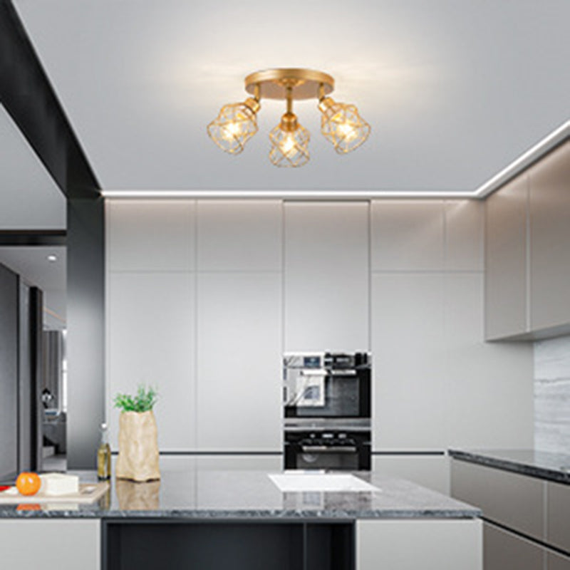 Contemporary Industrial Iron Frame 360° Rotation 3-Light Semi-Flush Mount Ceiling Light For Living Room