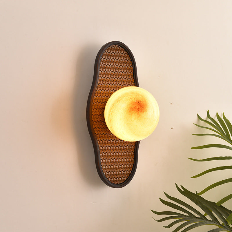 Traditional Vintage Solid Wood Pea Pod Glass Ball Shade 1-Light Wall Sconce Lamp For Bedroom