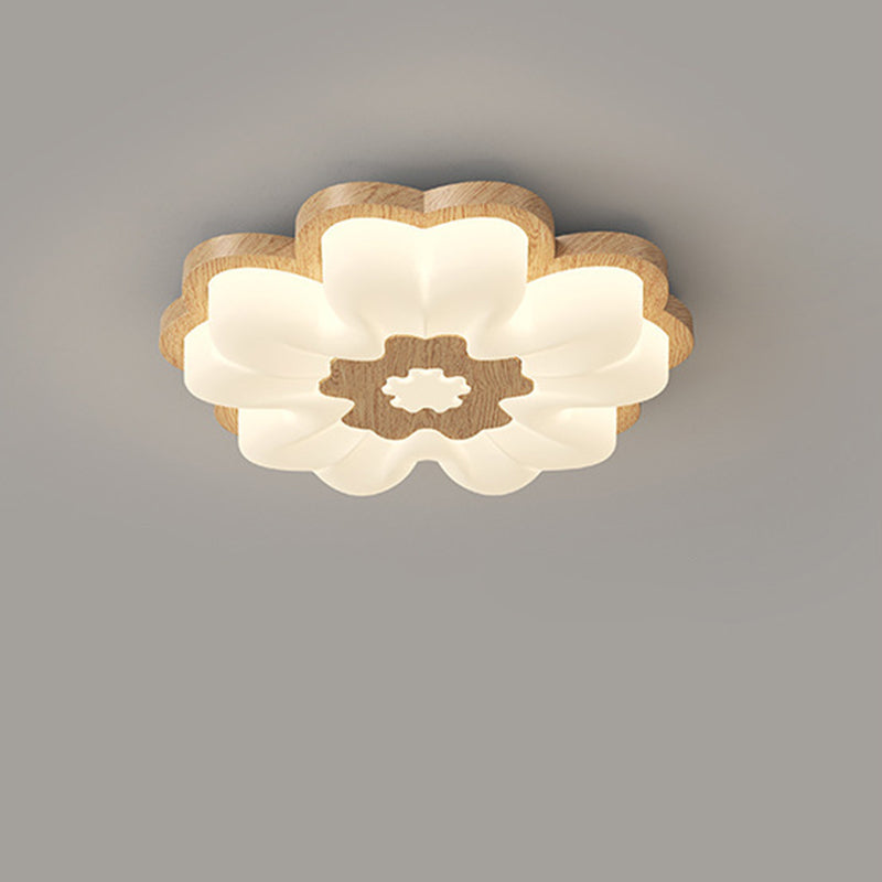 Traditional Vintage Solid Wood Grain PE Flower Shade LED Flush Mount Ceiling Light For Bedroom