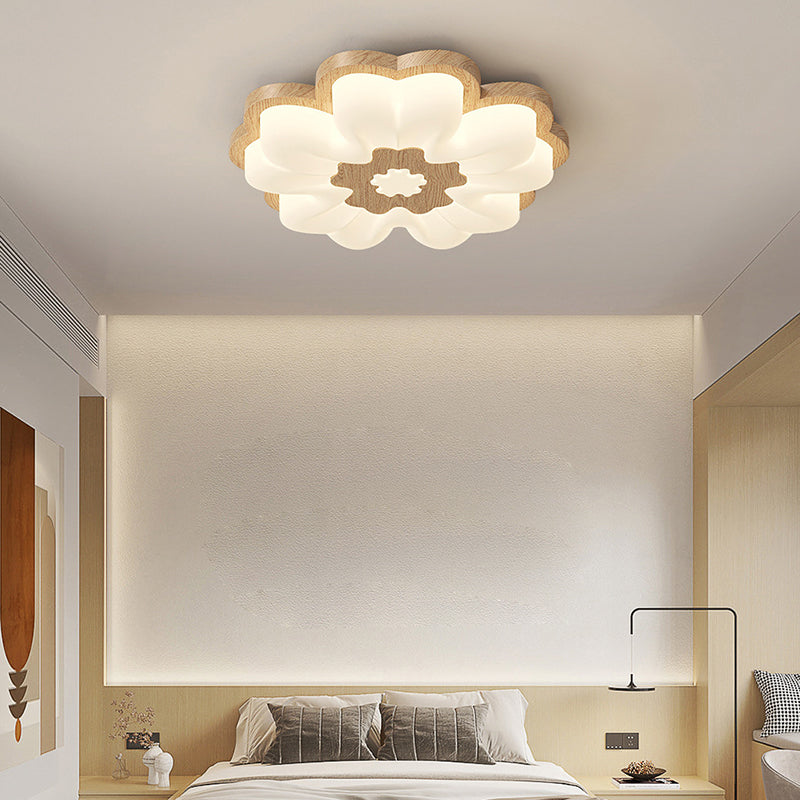 Traditional Vintage Solid Wood Grain PE Flower Shade LED Flush Mount Ceiling Light For Bedroom