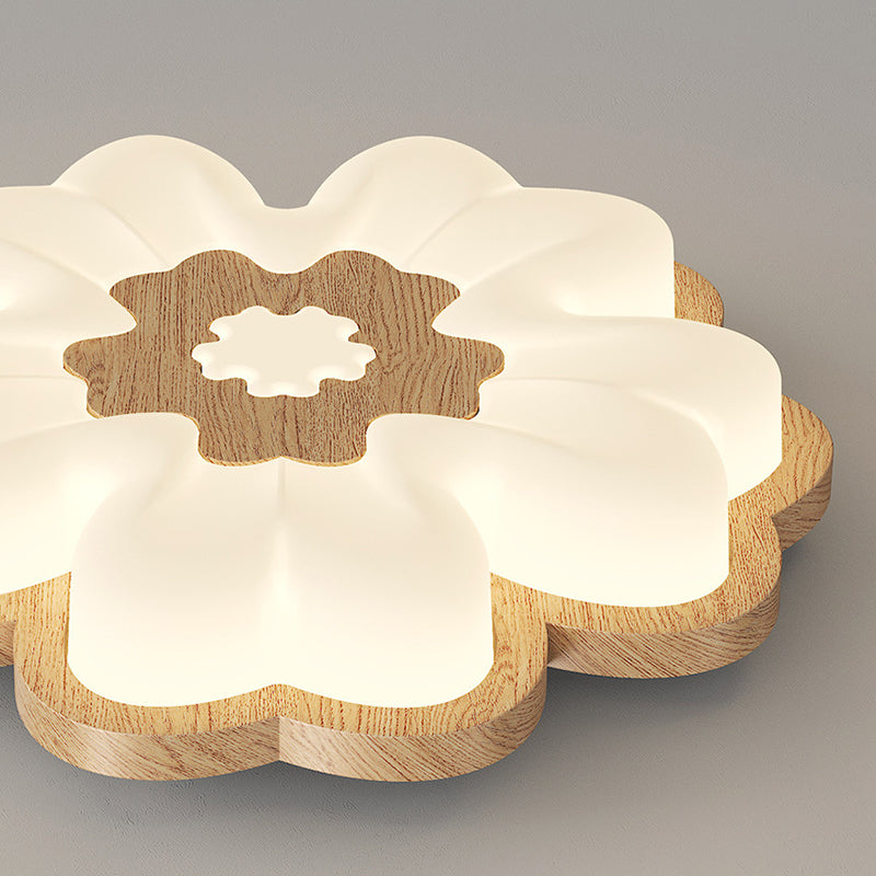 Traditional Vintage Solid Wood Grain PE Flower Shade LED Flush Mount Ceiling Light For Bedroom