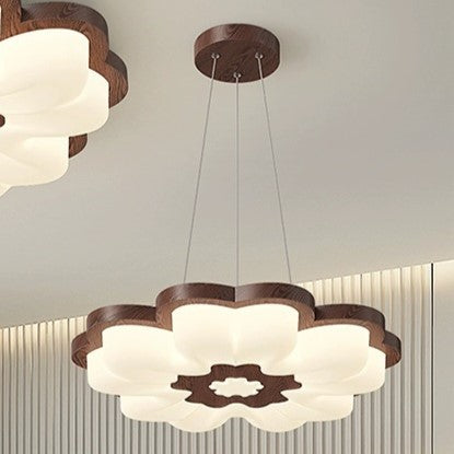 Traditional Vintage Solid Wood Grain PE Flower Shade LED Pendant Light For Bedroom