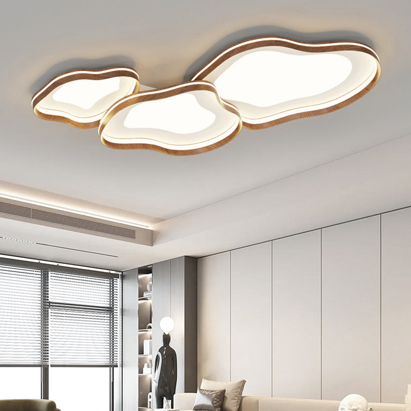 Contemporary Luxury Iron Aluminum Smoke Pattern Walnut Wood Corrugated Edge LED Flush Mount Ceiling Light For Bedroom