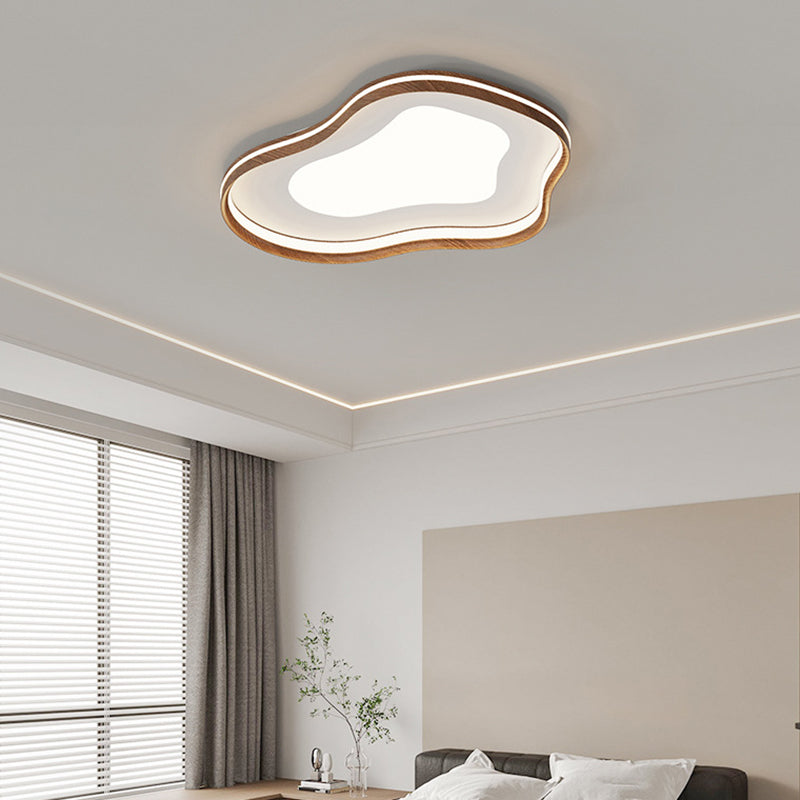 Contemporary Luxury Iron Aluminum Smoke Pattern Walnut Wood Corrugated Edge LED Flush Mount Ceiling Light For Bedroom
