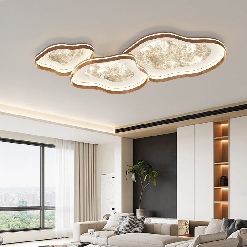 Contemporary Luxury Iron Aluminum Smoke Pattern Walnut Wood Corrugated Edge LED Flush Mount Ceiling Light For Bedroom