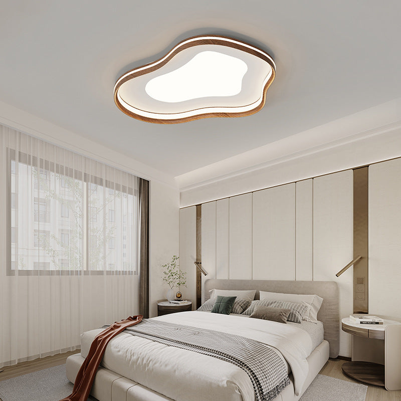 Contemporary Luxury Iron Aluminum Smoke Pattern Walnut Wood Corrugated Edge LED Flush Mount Ceiling Light For Bedroom