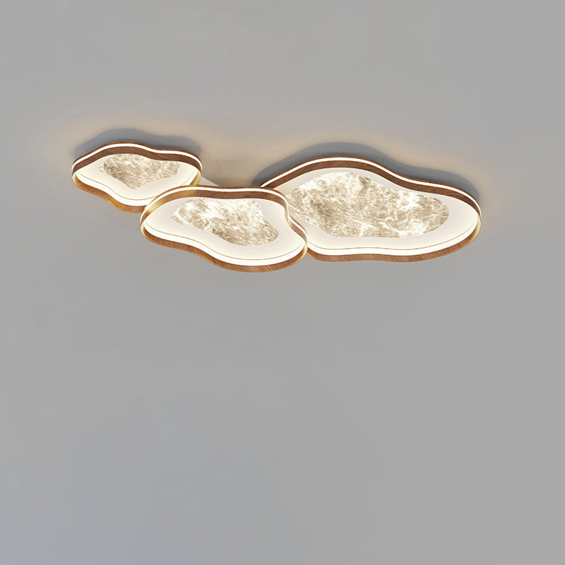 Contemporary Luxury Iron Aluminum Smoke Pattern Walnut Wood Corrugated Edge LED Flush Mount Ceiling Light For Bedroom