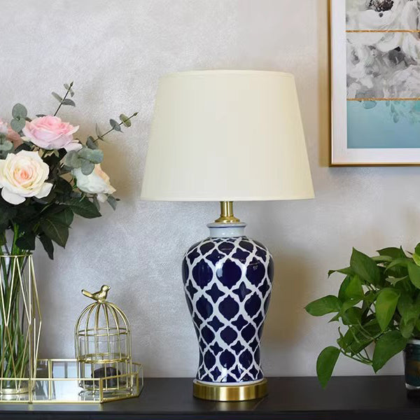 Traditional Chinese Fabric Cylinder Shade Ceramic Vase Base 1-Light Table Lamp For Study