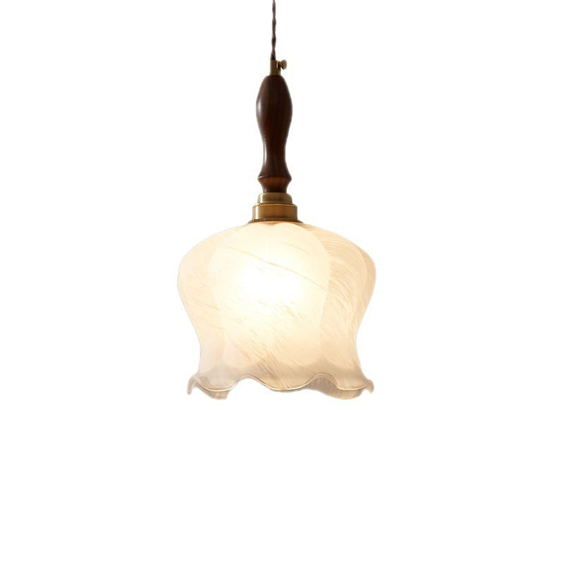 Contemporary Retro Solid Wood Flower Glass Shade 1-Light Pendant Light For Dining Room