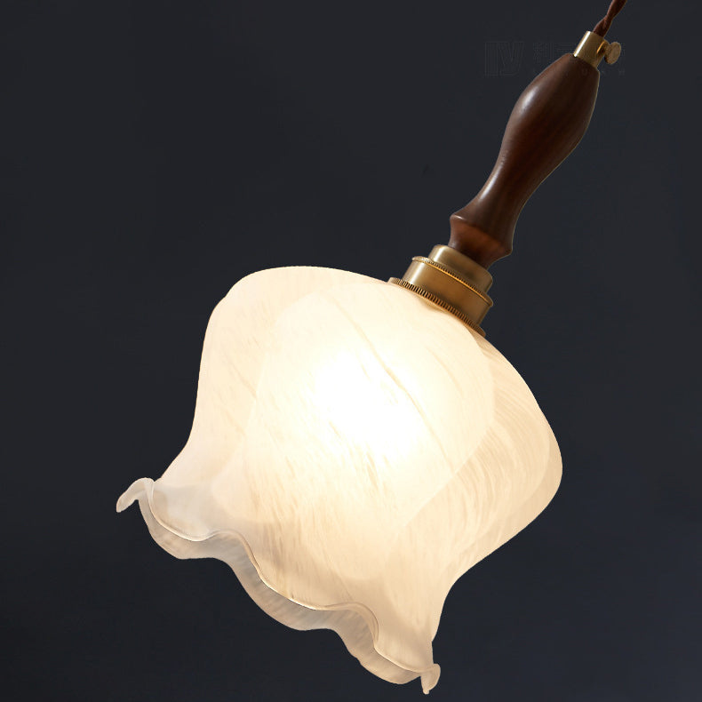 Contemporary Retro Solid Wood Flower Glass Shade 1-Light Pendant Light For Dining Room