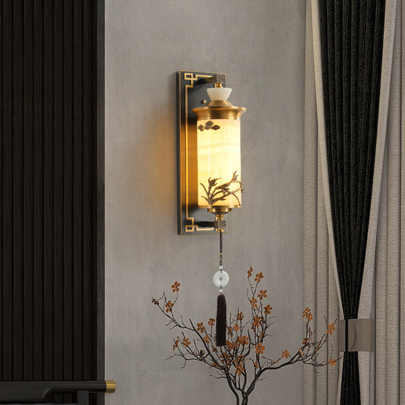 Traditional Chinese Brass Natural Jade Cylinder LED Wall Sconce Lamp For Living Room