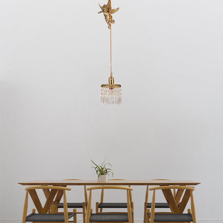 Contemporary Luxury Carved Brass Angel Crystal Round Shade 1-Light Pendant Light For Living Room