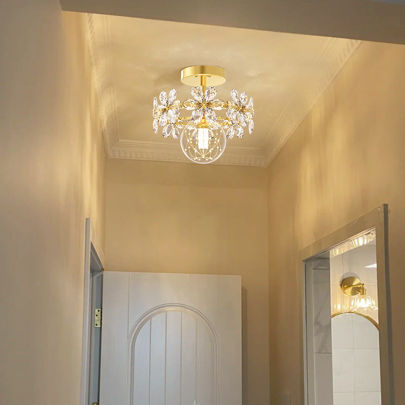 Contemporary Luxury Iron Crystal Petal LED Semi-Flush Mount Ceiling Light For Living Room