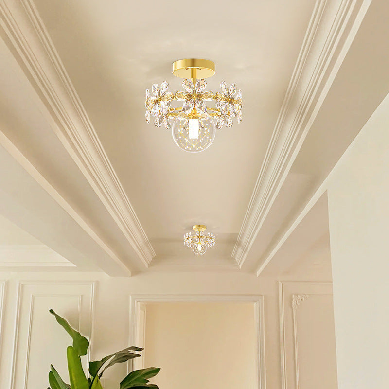 Contemporary Luxury Iron Crystal Petal LED Semi-Flush Mount Ceiling Light For Living Room