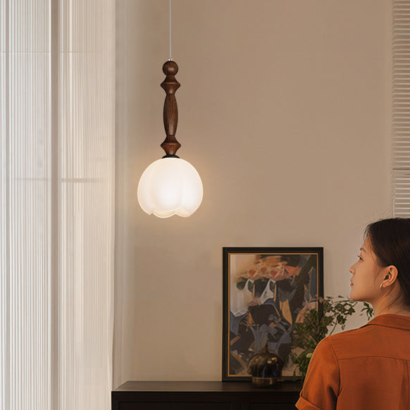 Contemporary Retro Ash Wood Flower Bud Glass Shade LED Pendant Light For Living Room