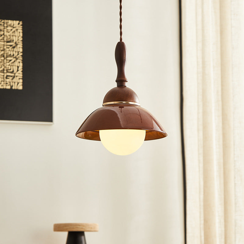 Contemporary Retro Semicircle Solid Wood Ceramic 1-Light Pendant Light For Living Room