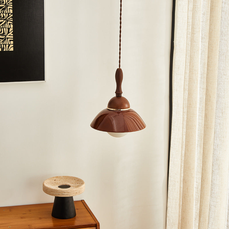 Contemporary Retro Semicircle Solid Wood Ceramic 1-Light Pendant Light For Living Room
