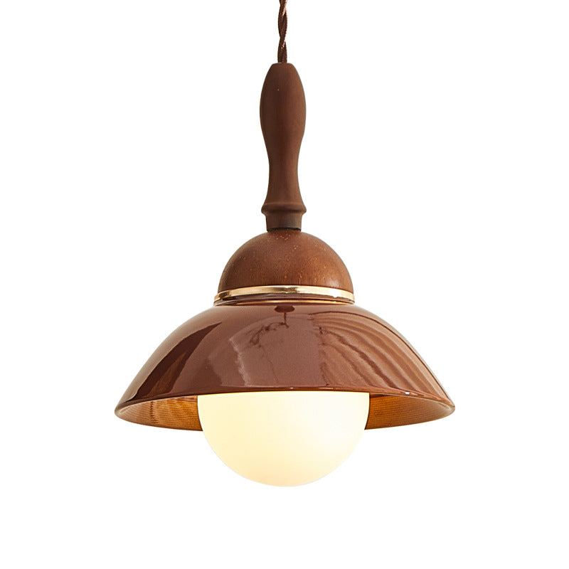 Contemporary Retro Semicircle Solid Wood Ceramic 1-Light Pendant Light For Living Room