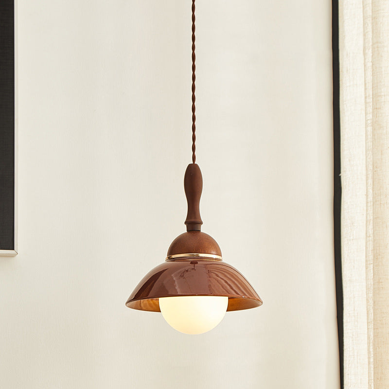 Contemporary Retro Semicircle Solid Wood Ceramic 1-Light Pendant Light For Living Room