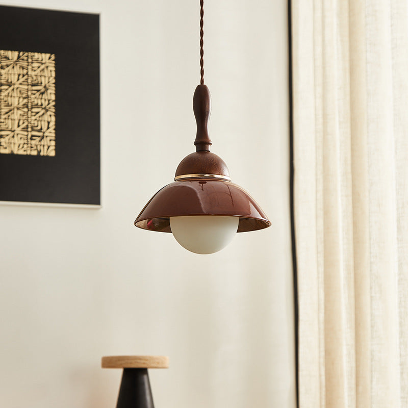 Contemporary Retro Semicircle Solid Wood Ceramic 1-Light Pendant Light For Living Room