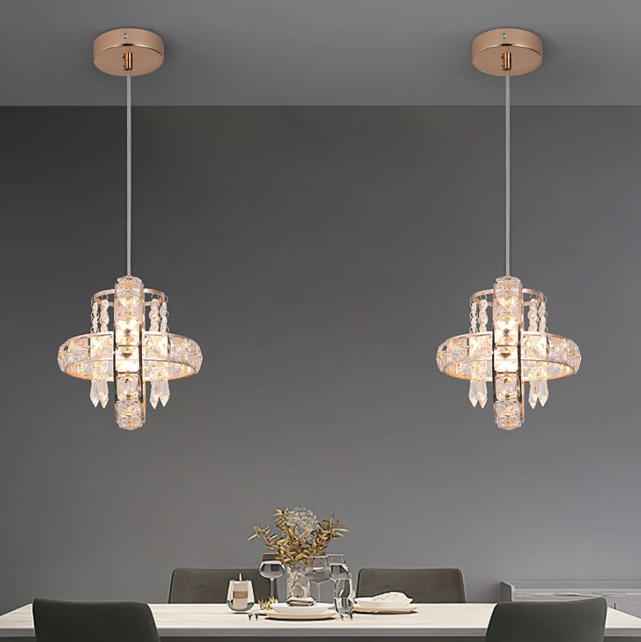 Contemporary Luxury Dual Circle Crystal Ring Glass Beads 1-Light Pendant Light For Living Room